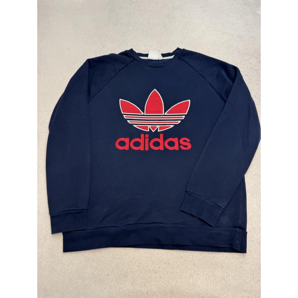 Adidas Sweatshirt Mens Medium Navy Trefoil Logo Fleece Pullover Crewneck Casual
